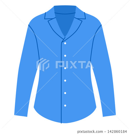 Blue long sleeve shirt with collar neckline and button closure in classic silhouette. Technical fashion illustration front view in flat color, clean silhouette, modern clothing template. Blue long sleeve shirt with collar neckline and button closure in classic silhouette. Technical fashion illustration front view in flat color, clean silhouette, modern clothing template. 142860184