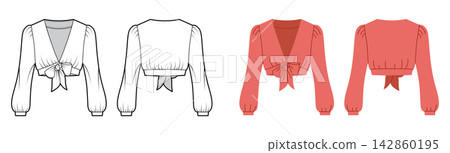 Cropped blouse with long sleeves, deep neckline and tie front detail. Technical fashion illustration in black and white and color, front and back views, clean outline, fitted silhouette, modern Cropped blouse with long sleeves, deep neckline and tie front detail. Technical fashion illustration in black and white and color, front and back views, clean outline, fitted silhouette, modern 142860195