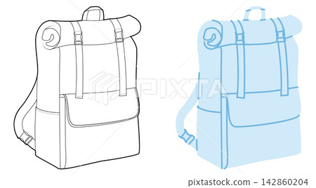 Everyday Expandable backpack silhouette bag. Fashion accessory technical illustration. Vector schoolbag front 3-4 view Everyday Expandable backpack silhouette bag. Fashion accessory technical illustration. Vector schoolbag front 3-4 view 142860204