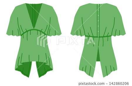 Green structured top with short sleeves, deep neckline and fitted waist shaping. Technical fashion illustration in flat color, front and back views, tailored silhouette, modern apparel design. Green structured top with short sleeves, deep neckline and fitted waist shaping. Technical fashion illustration in flat color, front and back views, tailored silhouette, modern apparel design. 142860206