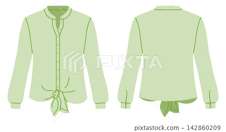 Green cropped shirt with collar, button closure tie front detail. Technical fashion illustration in flat color, front Green cropped shirt with collar, button closure tie front detail. Technical fashion illustration in flat color, front 142860209