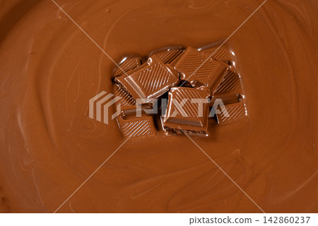 Chocolate bar pieces in warm melted chocolate pool close up Chocolate bar pieces in warm melted chocolate pool close up 142860237