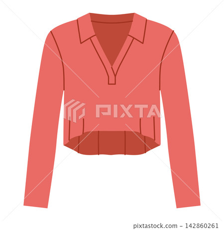 Red cropped polo top with long sleeves and collar neckline. Technical fashion illustration front view in flat color Red cropped polo top with long sleeves and collar neckline. Technical fashion illustration front view in flat color 142860261