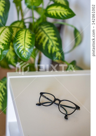 Eyeglasses on white shelf with green houseplant in background. Minimalist workspace and vision care concept Eyeglasses on white shelf with green houseplant in background. Minimalist workspace and vision care concept 142861002