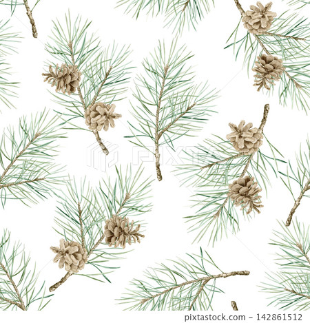 Watercolor seamless pattern with pine branches and pinecones. Hand drawn botanical repeating backdrop for winter holidays, Christmas wrapping paper and textile design on white. Watercolor seamless pattern with pine branches and pinecones. Hand drawn botanical repeating backdrop for winter holidays, Christmas wrapping paper and textile design on white. 142861512