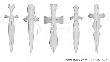 Metallic iron swords, shiny silver illustration set. Monochrome glossy steel vector RPG weapon symbols for UI, UX, mobile apps, web, game interfaces and inventory design Metallic iron swords, shiny silver illustration set. Monochrome glossy steel vector RPG weapon symbols for UI, UX, mobile apps, web, game interfaces and inventory design 142861624