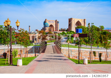 Bibi Khanym Mosque aerial panoramic view, Samarkand Bibi Khanym Mosque aerial panoramic view, Samarkand 142861957