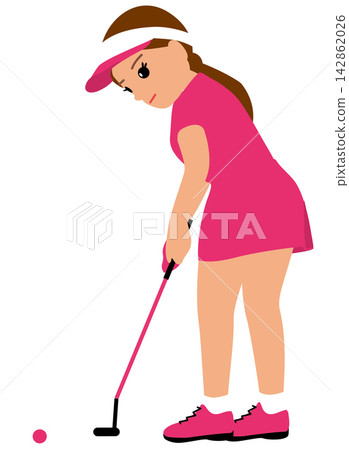 描繪女運動員參與運動比賽和高爾夫球手推桿的插圖。 描繪女運動員參與運動比賽和高爾夫球手推桿的插圖。 142862026