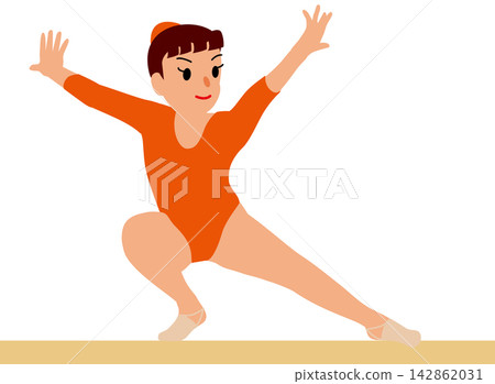 描繪女運動員參加體育比賽和體操運動員在平衡木上表演的插圖。 描繪女運動員參加體育比賽和體操運動員在平衡木上表演的插圖。 142862031
