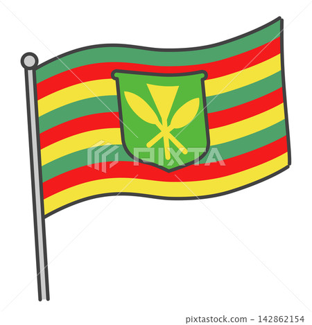一面卡納卡毛利旗幟在風中飄揚,這是夏威夷原住民的象徵,旗幟旁立著旗桿。 一面卡納卡毛利旗幟在風中飄揚,這是夏威夷原住民的象徵,旗幟旁立著旗桿。 142862154
