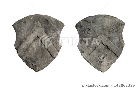 Stone heraldic shield with an engraved chevron isolated on white background with clipping path Stone heraldic shield with an engraved chevron isolated on white background with clipping path 142862359