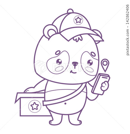 Outline Courier Panda Kawaii Looking at Phone with GPS Location Pin. Cute Mascot Cartoon Character with Delivery Box Bag. Vector Illustration. Line drawing, coloring page for Express Navigation. Outline Courier Panda Kawaii Looking at Phone with GPS Location Pin. Cute Mascot Cartoon Character with Delivery Box Bag. Vector Illustration. Line drawing, coloring page for Express Navigation. 142862406