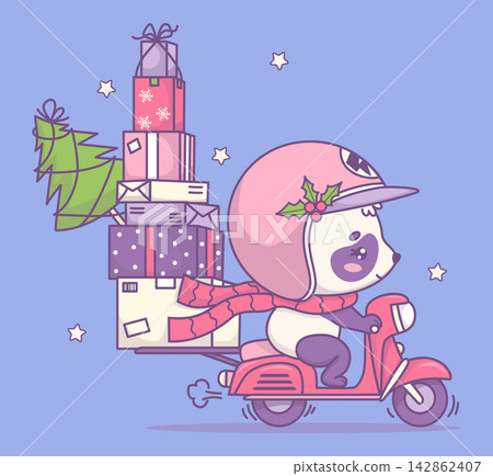 Christmas Female Panda Courier Kawaii on Pink Scooter, Mistletoe on Helmet and Tree, Mountain Parcel Gift Boxes. Delivery Bear Driving Motorbike. New Year Express Shipping Service. Vector Illustration Christmas Female Panda Courier Kawaii on Pink Scooter, Mistletoe on Helmet and Tree, Mountain Parcel Gift Boxes. Delivery Bear Driving Motorbike. New Year Express Shipping Service. Vector Illustration 142862407