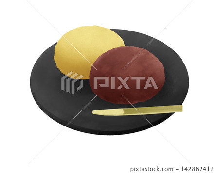 Ohagi served on a black plate; two types: red bean paste and kinako (roasted soybean flour). Ohagi served on a black plate; two types: red bean paste and kinako (roasted soybean flour). 142862412