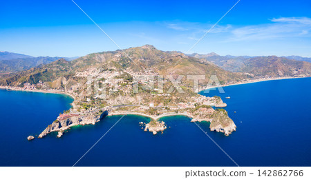 Taormina city aerial panoramic view in Sicily island Taormina city aerial panoramic view in Sicily island 142862766
