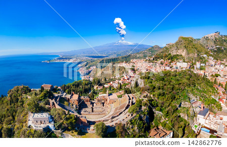 Taormina Ancient Theatre, Etna volcano aerial view, Sicily Taormina Ancient Theatre, Etna volcano aerial view, Sicily 142862776