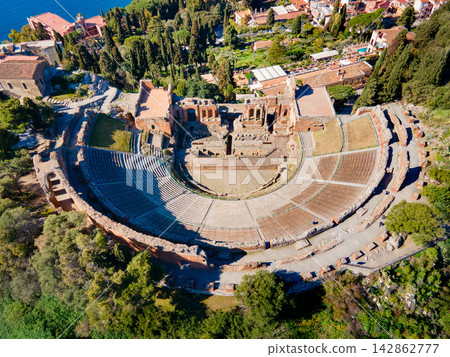 The Ancient Theatre of Taormina aerial panoramic view, Sicily The Ancient Theatre of Taormina aerial panoramic view, Sicily 142862777
