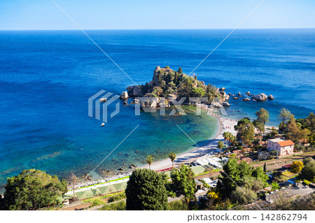 Isola Bella beach aerial panoramic view in Taormina Isola Bella beach aerial panoramic view in Taormina 142862794