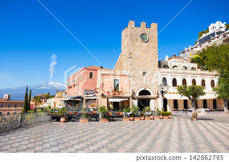The Piazza IX Aprile main square in Taormina city, Sicily The Piazza IX Aprile main square in Taormina city, Sicily 142862795