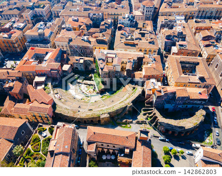 Roman Theatre of Catania aerial panoramic view, Sicily Roman Theatre of Catania aerial panoramic view, Sicily 142862803
