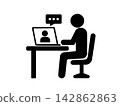 A pictogram representing remote work using a computer at home. 142862863