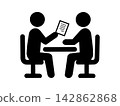 A pictogram of people having a meeting in an office. 142862868