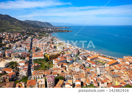 Cefalu city centre aerial panoramic view in Sicily Cefalu city centre aerial panoramic view in Sicily 142862916