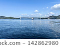 一艘貨船駛過因之島大橋，映襯著清澈湛藍的瀨戶內海（島波海道、尾道、因之島、向島、航運、物流、複製） 142862980