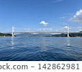因島大橋橫跨瀨戶內海，以藍天為背景，展現出壯麗的全景（島波海道、因島、向島、尾道、懸索橋、基礎設施、背景素材） 142862981