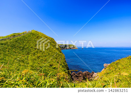 The lush green hills of Kiritappu Cape, with its blue sky and cobalt blue sea, in Hamanaka Town, Hokkaido. The lush green hills of Kiritappu Cape, with its blue sky and cobalt blue sea, in Hamanaka Town, Hokkaido. 142863251