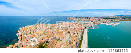 Syracuse city centre aerial panoramic view, Sicily Syracuse city centre aerial panoramic view, Sicily 142863313