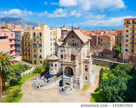 Villino Florio villa aerial panoramic view in Palermo Villino Florio villa aerial panoramic view in Palermo 142863365