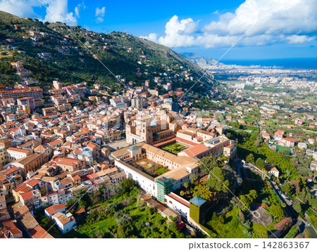Monreale Cathedral or Duomo di Monreale aerial view, Palermo Monreale Cathedral or Duomo di Monreale aerial view, Palermo 142863367