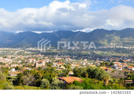 Monreale town aerial panoramic view in Palermo Monreale town aerial panoramic view in Palermo 142863383