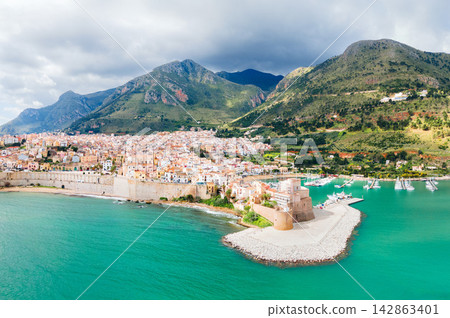 Arab Norman Castle aerial panoramic view in Castellammare Arab Norman Castle aerial panoramic view in Castellammare 142863401
