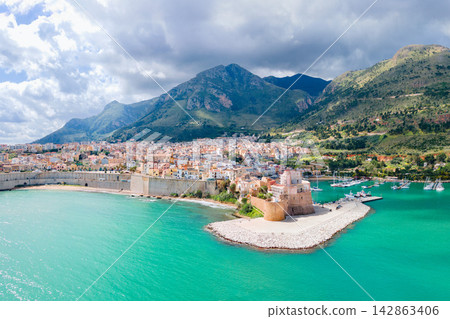 Arab Norman Castle aerial panoramic view in Castellammare 142863406
