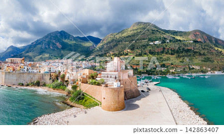 Arab Norman Castle aerial panoramic view in Castellammare Arab Norman Castle aerial panoramic view in Castellammare 142863407