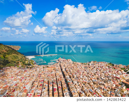 Castellammare del Golfo town aerial panoramic view Castellammare del Golfo town aerial panoramic view 142863422