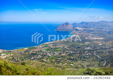 Monte Cofano aerial panoramic view in Sicily Monte Cofano aerial panoramic view in Sicily 142863488