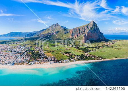 San Vito Lo Capo beach aerial panoramic view San Vito Lo Capo beach aerial panoramic view 142863500
