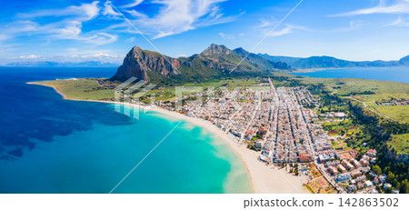 San Vito Lo Capo beach aerial panoramic view San Vito Lo Capo beach aerial panoramic view 142863502