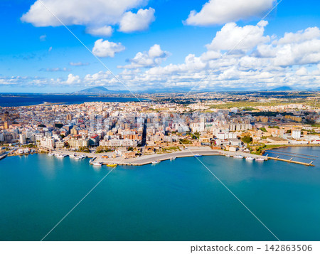 Marsala city port aerial panoramic view, Sicily Marsala city port aerial panoramic view, Sicily 142863506