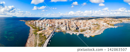 Marsala city port aerial panoramic view, Sicily Marsala city port aerial panoramic view, Sicily 142863507