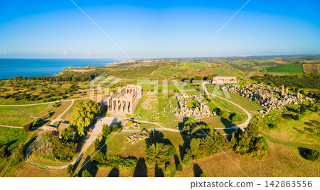 Selinunte ancient greek city aerial panoramic view, Sicily Selinunte ancient greek city aerial panoramic view, Sicily 142863556