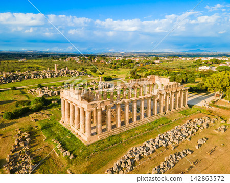 Hera Temple aerial panoramic view at Selinunte acropolis Hera Temple aerial panoramic view at Selinunte acropolis 142863572