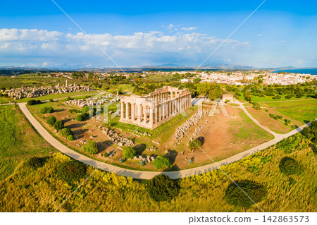 Hera Temple aerial panoramic view at Selinunte acropolis Hera Temple aerial panoramic view at Selinunte acropolis 142863573