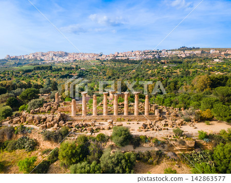 Temple of Heracles aerial panoramic view, Agrigento Temple of Heracles aerial panoramic view, Agrigento 142863577