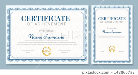 Set of 2 Elegant Diploma with Blue Border, Golden Seal. Certificate Templates in Vertical and Horizontal Layout. Set of 2 Elegant Diploma with Blue Border, Golden Seal. Certificate Templates in Vertical and Horizontal Layout. 142863782