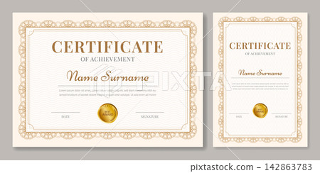 Set of 2 Elegant Certificate Templates with Decorative Border, Golden Seal. Golden Diploma in Horizontal and Vertical Layout. Set of 2 Elegant Certificate Templates with Decorative Border, Golden Seal. Golden Diploma in Horizontal and Vertical Layout. 142863783