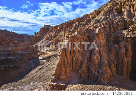 Cathedral Gorge State Park Dramatic Eroded Cliffs Trail and Desert Landscape Nevada Cathedral Gorge State Park Dramatic Eroded Cliffs Trail and Desert Landscape Nevada 142863891